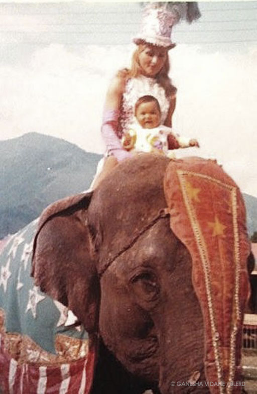 Baby Ganesha and her mother atop a circus elephant